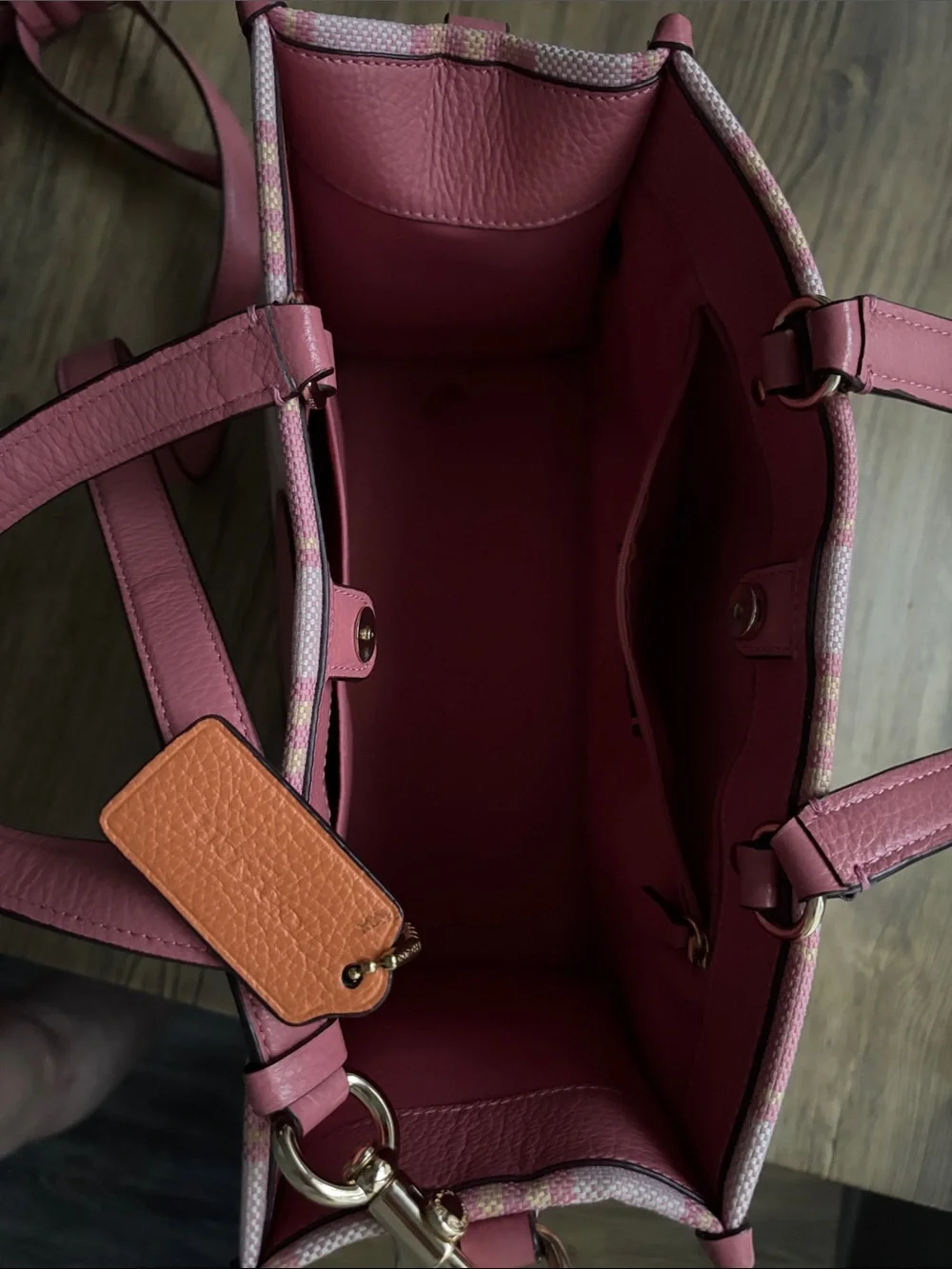 Coach Pink Plaid Canvas Tote with Leather Trim